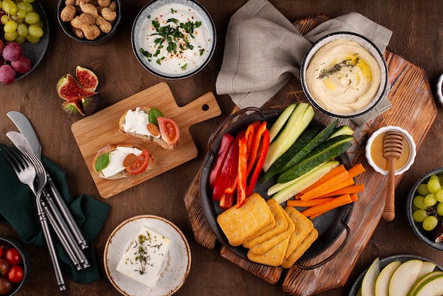 Top view table full of delicious food assortment