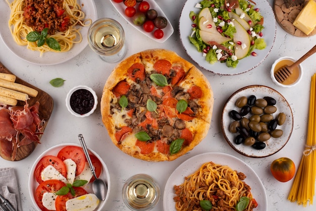 Top view table full of delicious food assortment