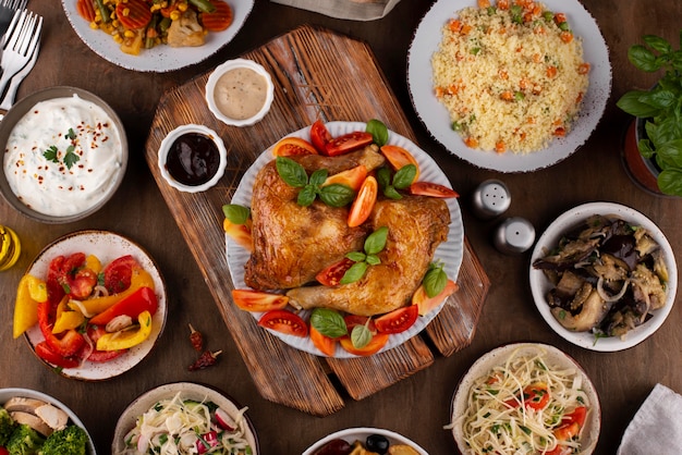 Top view table full of delicious food composition