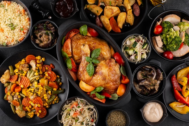 Top view table full of delicious food composition