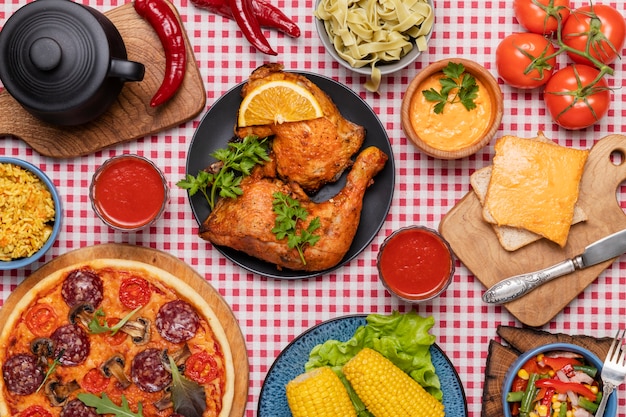 Top view on table full of food