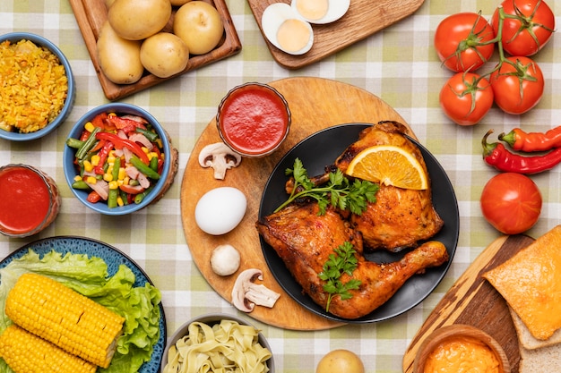 Top view on table full of food