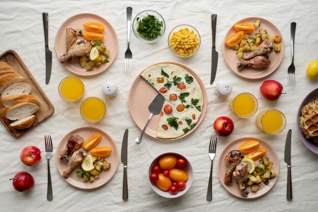 Top view on table full of various types of food