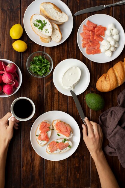 Top view on table full of various types of food