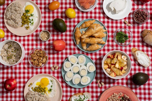 Top view on table full of various types of food