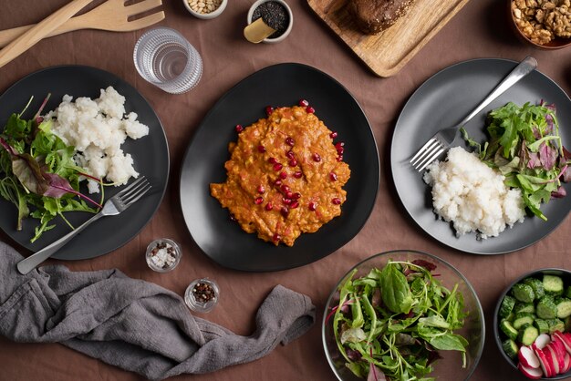 Top view on table full of various types of food