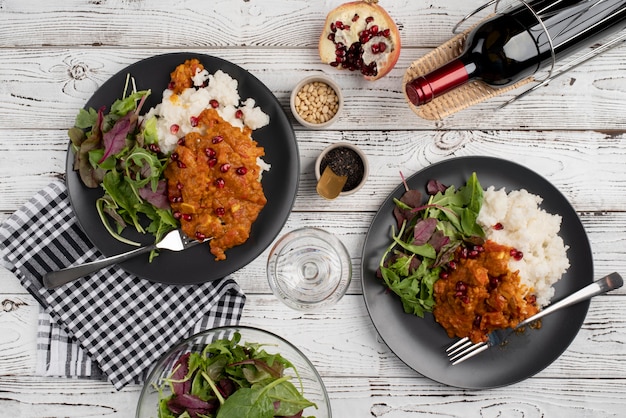 Top view on table full of various types of food