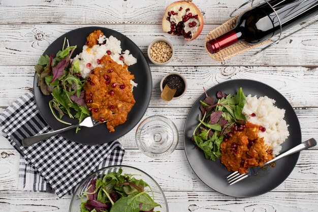 Top view on table full of various types of food