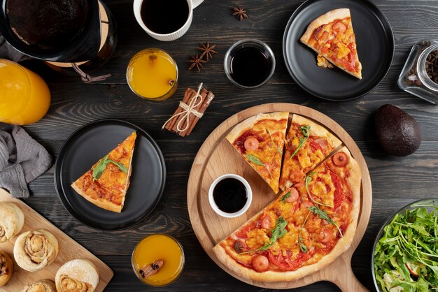 Top view on table full of various types of food