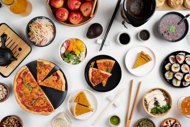 Free photo top view on table full of various types of food