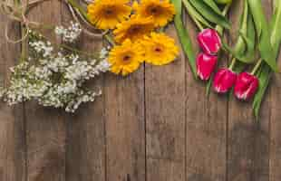 Free photo top view of table with different types of flowers