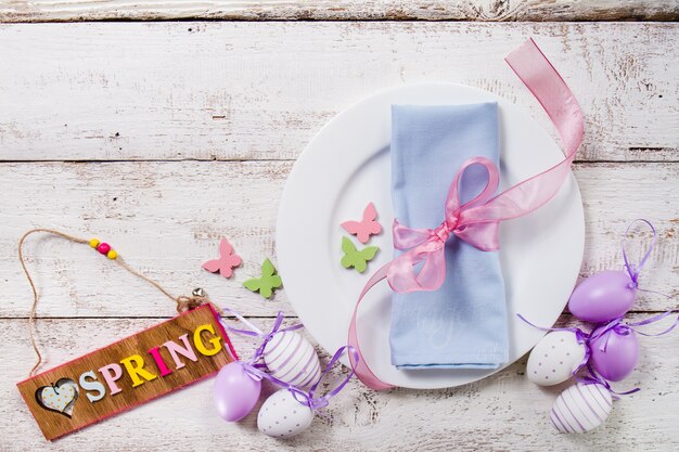 Top view of table with spring decoration