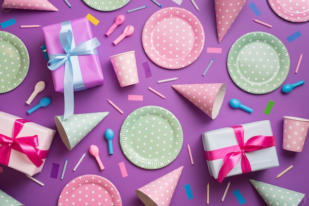 Free photo top view tableware and birthday elements