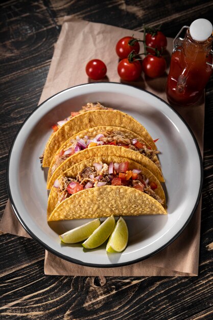 Top view tacos with vegetables and meat