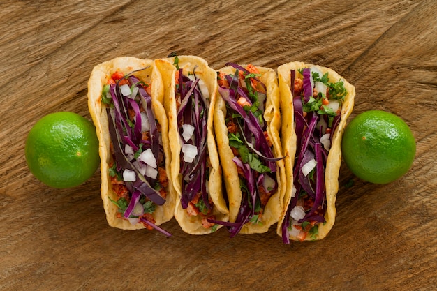 top view tacos on wooden background