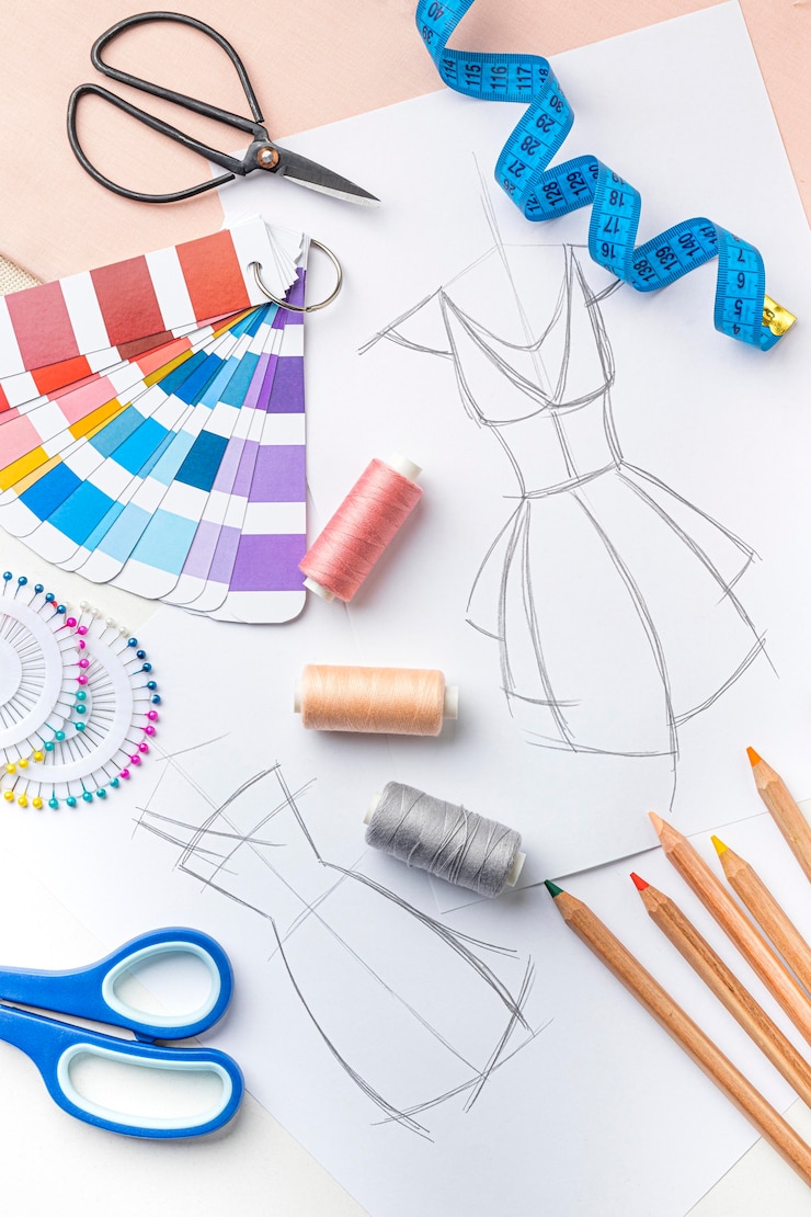 Free Photo top view of tailoring set with fabric samples