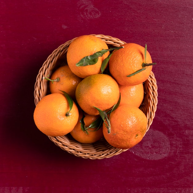 Top view of tangerines in basket for chinese new year