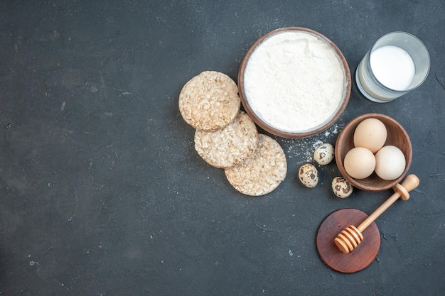 Top view tasty biscuits with fresh milk on gray background color pie cake raw food photo pepper kitchen dust