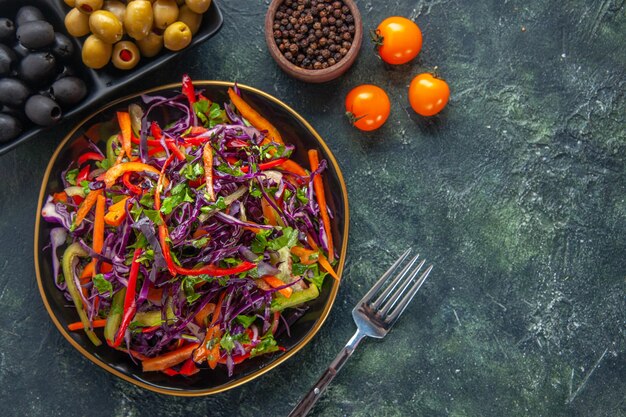 Top view tasty cabbage salad with olives on dark background meal health bread snack lunch holiday food diet