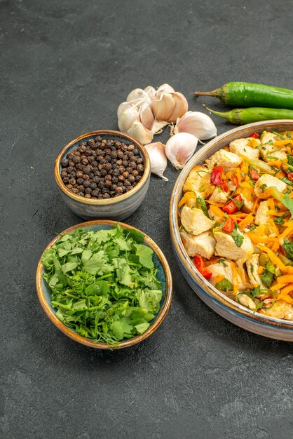 Top view tasty chicken salad with vegetables