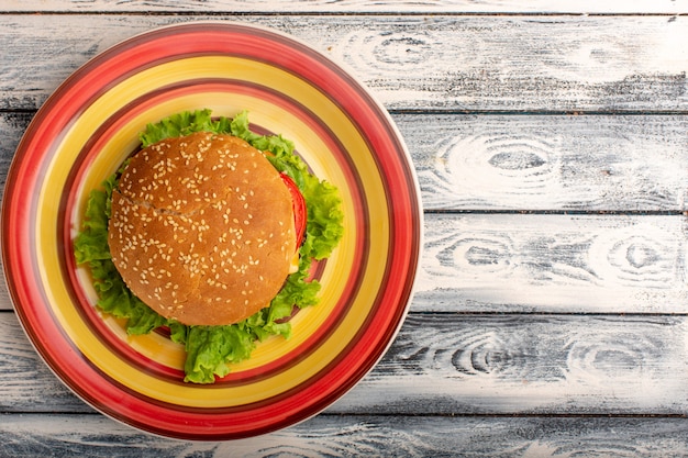 Top view of tasty chicken sandwich with green salad and vegetables inside colored plate on rustic grey surface