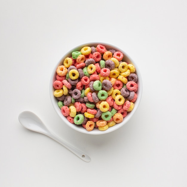 Top view tasty colorful cereal bowl