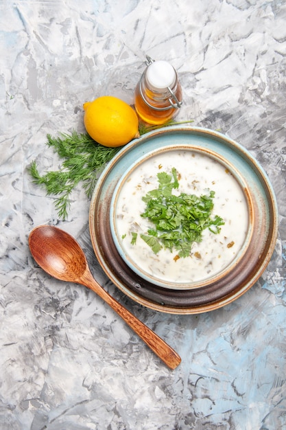 Foto gratuita vista dall'alto gustosa zuppa di yogurt dovga con verdure sul piatto di minestra di latte bianco da tavola