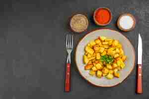 Free photo top view of tasty fried potatoes inside plate with seasonings on dark surface