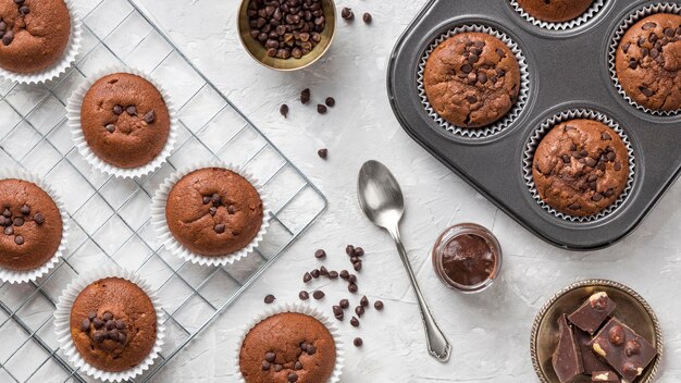 Top view tasty muffin with chocolate