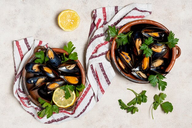 Top view tasty mussels with parsley