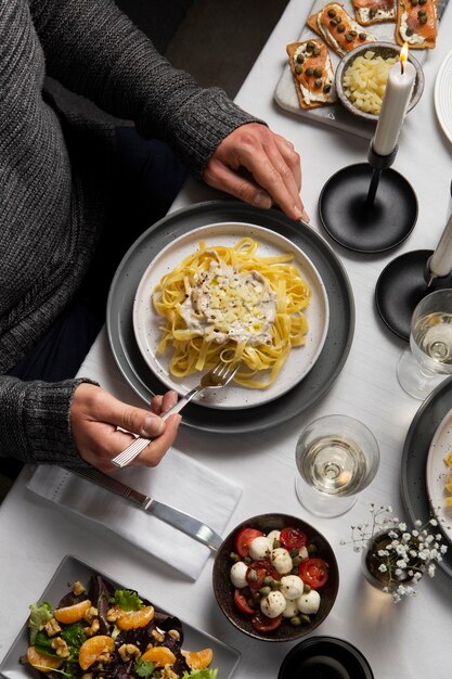 Top view tasty pasta on plate