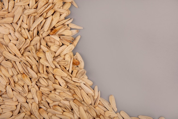 Top view of tasty and salty white sunflower seeds isolated with copy space