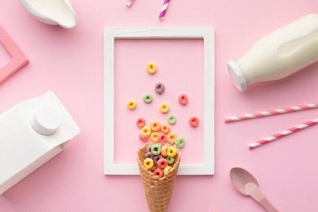 Top view tasty sugar cone with cereal