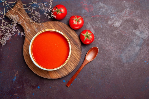 Top view of tasty tomato soup with fresh tomatoes on dark