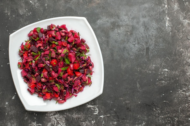 Top view tasty vinaigrette salad with beets and beans on grey surface