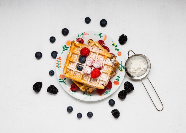 Top view tasty waffles breakfast