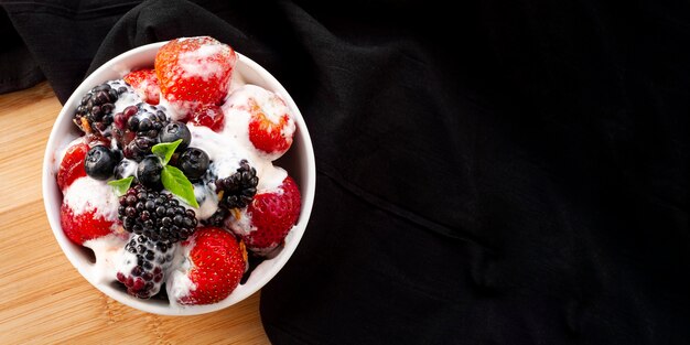 Top view tasty yogurt with copy-space