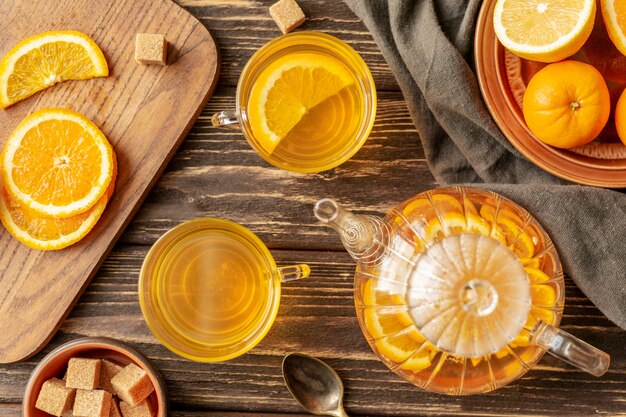 Top view of tea concept on wooden table