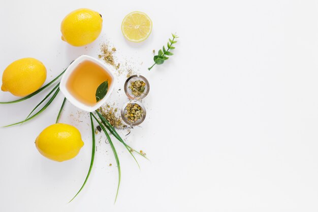 Top view of tea cup and lemons