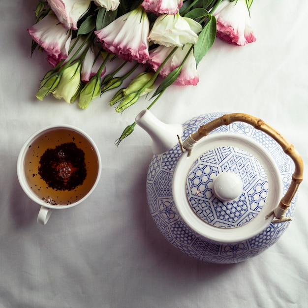 Top view tea cup and teapot