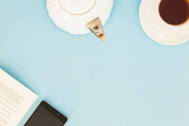 Top view tea cup with book