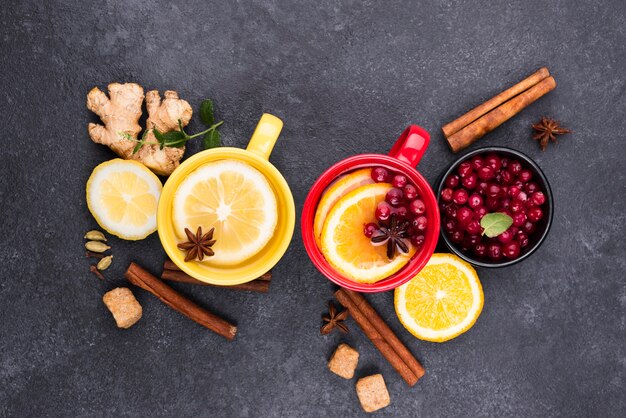 Top view tea with lemon flavor on table