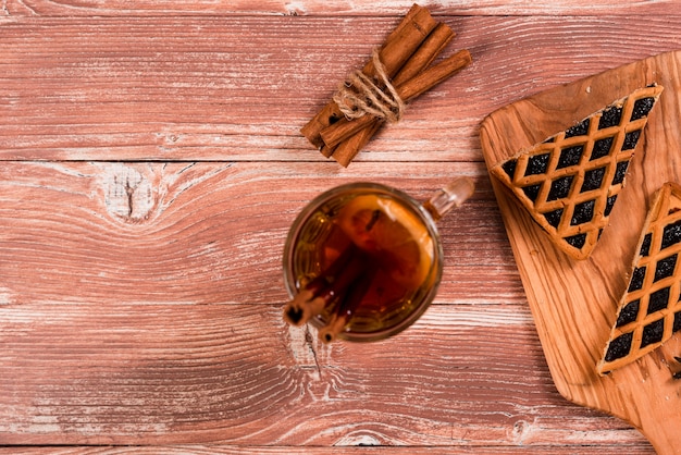 Top view of tea with pie slices