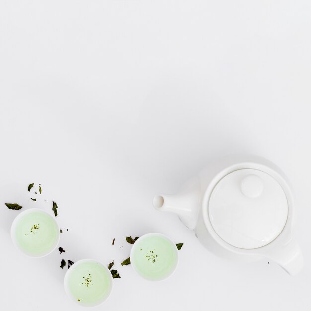 Top view teacups and teapot