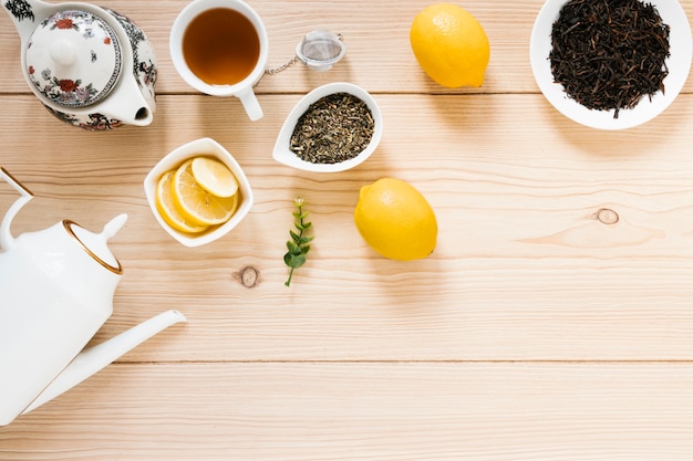 Top view of teapot and tea leaves