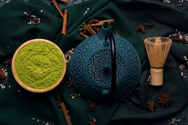 Top view teapot with green matcha