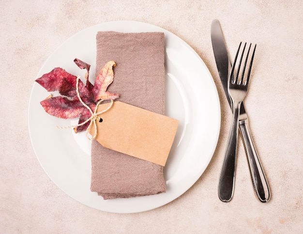 Top view of thanksgiving plate with cutlery