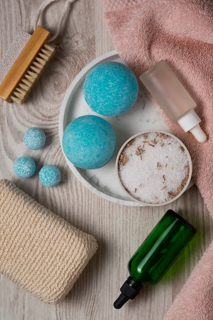 Top view therapeutic  bath bombs still life