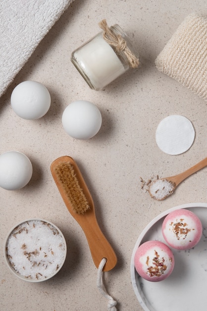 Top view therapeutic  bath bombs still life