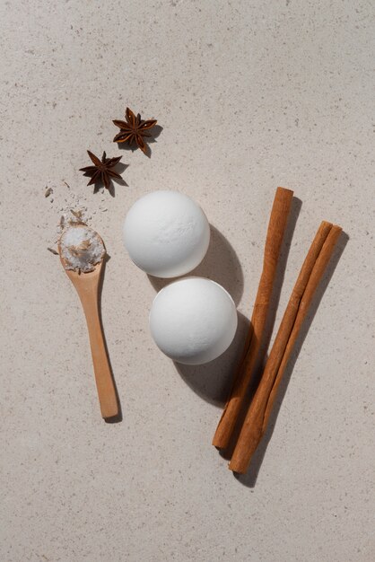 Top view therapeutic  bath bombs still life